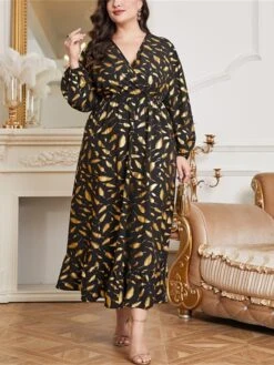 Women's Plus Size Prom Dress Party Dress Wedding Guest Dress Long Dress Maxi Dress Black Long Sleeve Print Ruched Fall Winter Autumn V Neck Fashion Winter Dress Evening Party Wedding Guest 2023 L XL