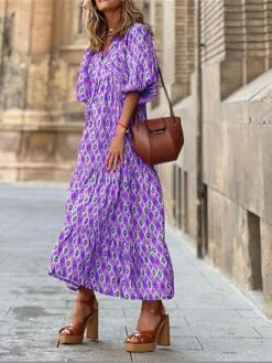 Women's Casual Dress Swing Dress Boho Dress Geometric Stripe Ruffle Print Split Neck Puff Sleeve Long Dress Maxi Dress Fashion Classic Outdoor Daily 3/4 Length Sleeve Loose Fit Pink Red Blue Summer -Casual Print Dress Sales uuetyl1689246821976