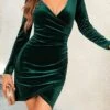 Women's Velvet Dress Sheath Dress Plain Dress Mini Dress Ruched Street Daily Holiday Fashion Streetwear V Neck Long Sleeve 2023 Regular Fit Black Wine Blue Color S M L XL XXL Size