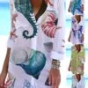 Women's Shirt Dress Cover Up Beach Wear Mini Dress Pocket Print Fashion Casual Fish Turndown 3/4 Length Sleeve Loose Fit Outdoor Daily White Blue 2023 Summer Spring S M L XL