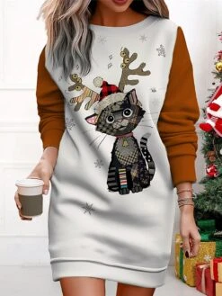Women's Christmas Casual Dress Sweatshirt Dress Mini Dress Warm Fashion OutdoorVacation Crew Neck Print Animal Loose Fit Black Yellow Red S M L XL XXL -Casual Print Dress Sales uupxhk1695365429866