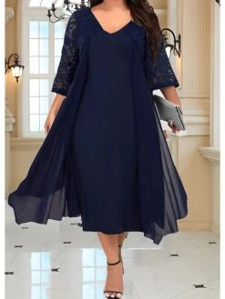 Women‘s Plus Size Curve Party Dress Lace Dress Work Dress Midi Dress Blue 3/4 Length Sleeve Pure Color Lace Summer Spring Fall V Neck Fashion Wedding Guest Summer Dress 2023 L XL XXL 3XL 4XL 5XL -Casual Print Dress Sales uvdcus1692671526846
