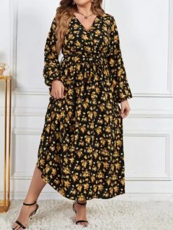 Women's Plus Size Curve Party Dress Swing Dress Empire Waist Dresses Long Dress Maxi Dress Black Long Sleeve Floral Print Spring Fall Winter V Neck Fashion Winter Dress Birthday Wedding Guest XL XXL -Casual Print Dress Sales uvdcwu1692156454734