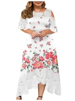 Women‘s Plus Size Curve Holiday Dress Floral Crew Neck Lace Half Sleeve Fall Spring Maxi Long Dress Date Vacation Dress Print -Casual Print Dress Sales uvhlih1654584189750