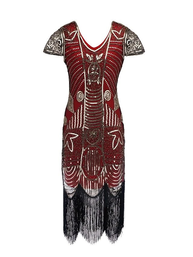 Women's Retro 1920s Fringe Dress Midi Dress Party Holiday Sequins Tassel Fringe Leaf V Neck Short Sleeve Regular Fit Spring Fall 2023 Red Blue S M L XL 2 Women's Retro 1920s Fringe Dress Midi Dress Party Holiday Sequins Tassel Fringe Leaf V Neck Short Sleeve Regular Fit Spring Fall 2023 Red Blue S M L XL - Image 2