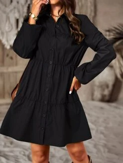 Women's Shirt Dress Casual Dress Maxi Long Dress Outdoor Daily Date Polyester Fashion Basic Shirt Collar Ruched Button Long Sleeve Spring Fall Winter 2023 Loose Fit Black Blue Purple Pure Color S M L -Casual Print Dress Sales uvlsrw1695195745299