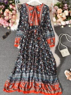 Women's Casual Dress Winter Dress Ethnic Dress Floral Tribal Lace Up Ruched Crew Neck Puff Sleeve Midi Dress Fashion Ethnic Outdoor Christmas Long Sleeve Loose Fit Red Khaki Dark Blue Fall Winter -Casual Print Dress Sales uvsued1697791093192
