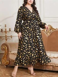 Women's Plus Size Prom Dress Party Dress Wedding Guest Dress Long Dress Maxi Dress Black Long Sleeve Print Ruched Fall Winter Autumn V Neck Fashion Winter Dress Evening Party Wedding Guest 2023 L XL -Casual Print Dress Sales uvzhcs1693535312221