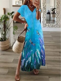 Women's Casual Dress A Line Dress Summer Dress Floral Split Print V Neck Long Dress Maxi Dress Fashion Streetwear Outdoor Daily Short Sleeve Regular Fit White Yellow Pink Summer Spring S M L XL XXL -Casual Print Dress Sales uwfgsr1688469350720