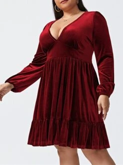 Women‘s Plus Size Curve Party Dress Velvet Dress Cocktail Dress Mini Dress Black Wine Royal Blue Long Sleeve Pure Color Ruched Spring Fall Winter V Neck Fashion Birthday Wedding Guest Vacation 2023 -Casual Print Dress Sales uwhjaz1692176734993