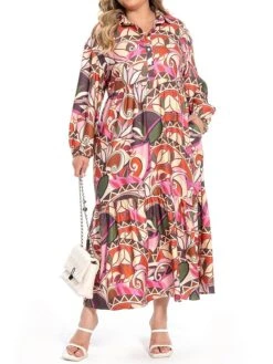 Women's Plus Size Curve Shirt Dress Work Dress Satin Dress Floral Long Dress Maxi Dress Long Sleeve Split Shirt Collar Fashion Office Red Fall Winter L XL XXL 3XL 4XL -Casual Print Dress Sales uwswsc1694772965869