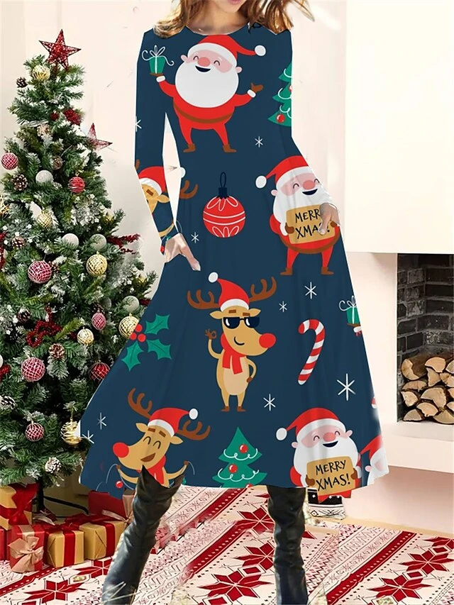 Women's Christmas Casual Dress Swing Dress Midi Dress Green Blue Light Green Long Sleeve Santa Claus Pocket Winter Fall Autumn Fashion Christmas Daily 2022 S M L XL XXL 3XL 7 Women's Christmas Casual Dress Swing Dress Midi Dress Green Blue Light Green Long Sleeve Santa Claus Pocket Winter Fall Autumn Fashion Christmas Daily 2022 S M L XL XXL 3XL - Image 7