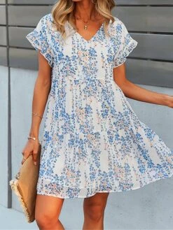 Women's Casual Dress Chiffon Dress Floral Dress Floral Color Block Print V Neck Mini Dress Active Fashion Outdoor Street Short Sleeve Regular Fit White Pink Red Summer Spring S M L XL XXL -Casual Print Dress Sales uxbumb1688036791086