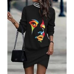 Women's Sweatshirt Dress Winter Dress Shift Dress Midi Dress Black And White Black Gray Black And White Stripes 3/4 Length Sleeve Print Print Fall Winter Autumn Turtleneck Fashion 2023 S M L XL 2XL -Casual Print Dress Sales uxbzfk1664332397128