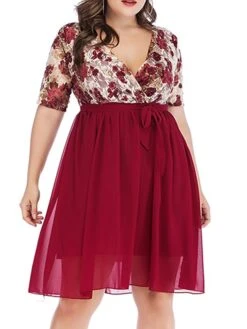 Women‘s Plus Size Curve Party Dress Cocktail Dress Wedding Guest Dress Midi Dress Black Wine Short Sleeve Floral Lace Up Summer Spring Fall V Neck Fashion Birthday Wedding Guest Vacation 2023 -Casual Print Dress Sales uxkuam1691399397634