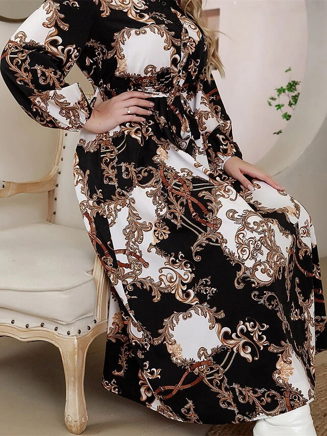 Women's Plus Size Curve Work Dress Swing Dress Semi Formal Dress Fashion Midi Dress Lace Up Button Shirt Collar Long Sleeve Floral Loose Fit Black Fall Winter L XL XXL 3XL 4XL 4 Women's Plus Size Curve Work Dress Swing Dress Semi Formal Dress Fashion Midi Dress Lace Up Button Shirt Collar Long Sleeve Floral Loose Fit Black Fall Winter L XL XXL 3XL 4XL - Image 4