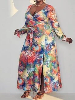 Women's Plus Size Curve Casual Dress Swing Dress A Line Dress Feather Long Dress Maxi Dress Long Sleeve Lace Up Split V Neck Fashion Outdoor Yellow Fall Winter XL XXL 3XL 4XL 5XL