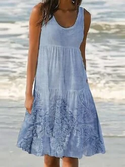 Women's Casual Dress Shift Dress Mini Dress Blue Sleeveless Floral Pocket Summer Spring U Neck Vacation 2023 S M L XL XXL 3XL