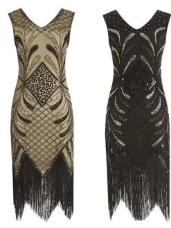 Women's Retro 1920s Fringe Dress Midi Dress Party Halloween Sequins Tassel Fringe Floral V Neck Sleeveless Regular Fit Spring Fall 2023 Black Gold S M L XL
