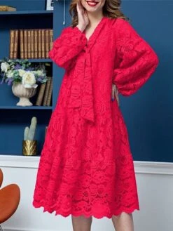 Women‘s Plus Size Curve Party Dress Lace Dress Sheath Dress Floral Midi Dress Long Sleeve Lace Up Print V Neck Modern Party Red Sky Blue Winter Fall L XL XXL 3XL 4XL