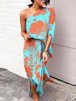 Women's Swing Dress Boho Dress Long Dress Maxi Dress Black Blue Purple Long Sleeve Floral Split Summer Spring One Shoulder Boho Winter Dress Fall Dress 2023 S M L XL XXL 3XL