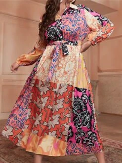 Women's Plus Size Curve Shirt Dress Casual Dress Maxi Long Dress Outdoor Daily Vacation Polyester Fashion Classic Shirt Collar Lace Up Button Long Sleeve Spring Fall Winter Loose Fit Yellow Flower L