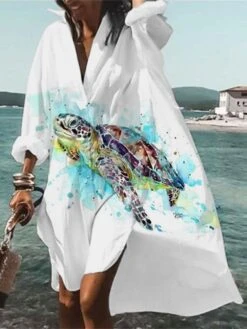 Women's Shirt Dress Casual Dress Shift Dress Midi Dress Outdoor Daily Date Polyester Classic Modern Shirt Collar Split Print Long Sleeve Summer Spring Fall 2023 Loose Fit White Blue Animal Butterfly