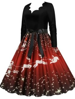 Women's Christmas Party Dress Swing DressKnee Length Dress Green Purple Wine Red Black Long Sleeve Santa Claus Elk Snowman Print Fall Winter V Neck Vintage Party Elegant Party 2022 S M L XL XXL 3XL -Casual Print Dress Sales vaciqw1665475505270