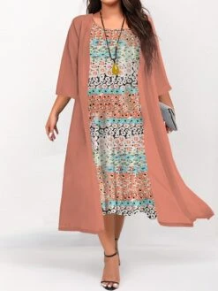 Women's Plus Size Curve Two Piece Dress Set Casual Dress Swing Dress Outdoor Daily Fashion Elegant Print Midi Dress Crew Neck 3/4 Length Sleeve Floral Ombre Pink Blue Sky Blue Fall Winter S M L -Casual Print Dress Sales vajolt1692942736185