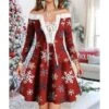 Women's Christmas Swing Dress Vintage Dress Mini Dress Green Light Green Wine Red Navy Blue White Long Sleeve Snowman Tree Snowflake Backless Feather Print Winter Fall Off Shoulder Vacation Stylish