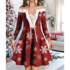 Women's Christmas Swing Dress Vintage Dress Mini Dress Green Light Green Wine Red Navy Blue White Long Sleeve Snowman Tree Snowflake Backless Feather Print Winter Fall Off Shoulder Vacation Stylish