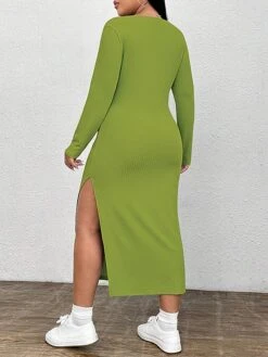 Women‘s Plus Size Curve Party Dress Cocktail Dress Wedding Guest Dress Midi Dress Green Long Sleeve Pure Color Split Spring Fall Winter Crew Neck Fashion Birthday Wedding Guest Vacation 2023 -Casual Print Dress Sales vavqzb1692174447859