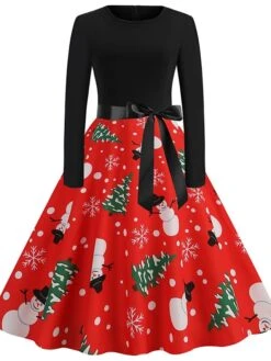 Women's Christmas Casual Dress Swing Dress Vintage Dress Midi Dress Green Blue Light Red Long Sleeve Santa Claus Bow Winter Fall Autumn V Neck Slim 2022 S M L XL XXL 3XL -Casual Print Dress Sales vaykhn1666776946218