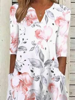 Women's Casual Dress Summer Dress Print Dress Floral Ruched Pocket V Neck Midi Dress Active Fashion Outdoor Daily 3/4 Length Sleeve Loose Fit Pink Summer Spring S M L XL XXL -Casual Print Dress Sales vbfuwg1682065586775