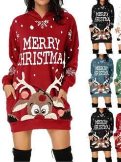 Women‘s Christmas Casual Dress Hoodie Dress Mini Dress Fashion Daily Outdoor Vacation V Neck Pocket Bell Regular Fit Black White Red S M L XL XXL