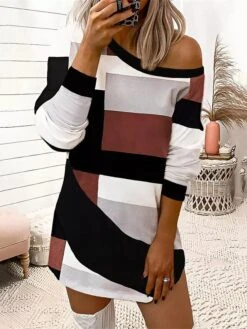 Women's Casual Dress Sweatshirt Dress Mini Dress Warm Fashion Outdoor Vacation Going Out Crew Neck Print Geometric Loose Fit Gray S M L XL XXL