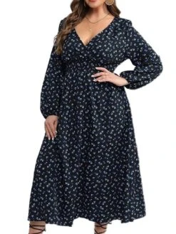 Women's Plus Size Curve Party Dress Wedding Guest Dress Swing Dress Midi Dress Dark Blue Long Sleeve Floral Print Spring Fall Winter V Neck Fashion Winter Dress Birthday Wedding Guest XL XXL 3XL 4XL -Casual Print Dress Sales vcyqea1692171340619