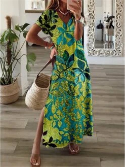 Women's Casual Dress Shift Dress Long Dress Maxi Dress Yellow Fuchsia Green Short Sleeve Floral Split Summer Spring V Neck Vacation 2023 S M L XL XXL 3XL -Casual Print Dress Sales vdfbjl1655784272836