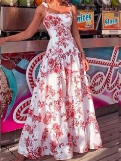 Women's Long Dress Maxi Dress Sheath Dress Swing Dress Strap Dress Graphic Modern Mature Holiday Date Vacation Print Sleeveless Strap Dress Slim Red Blue Grey Summer Spring S M L XL 2XL