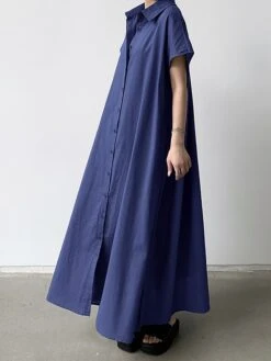 Women's Shirt Dress Casual Dress Maxi Long Dress Outdoor Daily Cotton Linen Basic Classic Shirt Collar Button Short Sleeve Summer Spring 2023 Loose Fit Navy Blue Brown Green Pure Color S M L XL XXL -Casual Print Dress Sales vdlbuy1688542126579