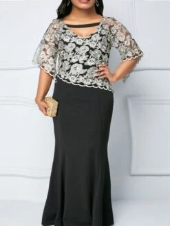 Women‘s Plus Size Curve Easter Dress Party Dress Solid Color V Neck Lace Half Sleeve Fall Spring Dress Elegant Prom Dress Maxi Dress Formal Dress