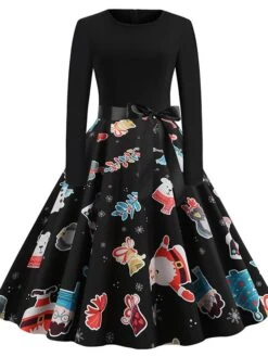 Women's Christmas Swing DressKnee Length Dress Black And White White Light Red Gold Red Long Sleeve Elk Snowman Bell Bow Print Fall Winter Round Neck Vintage Elegant 2022 S M L XL 2XL -Casual Print Dress Sales vdsosa1634125864596
