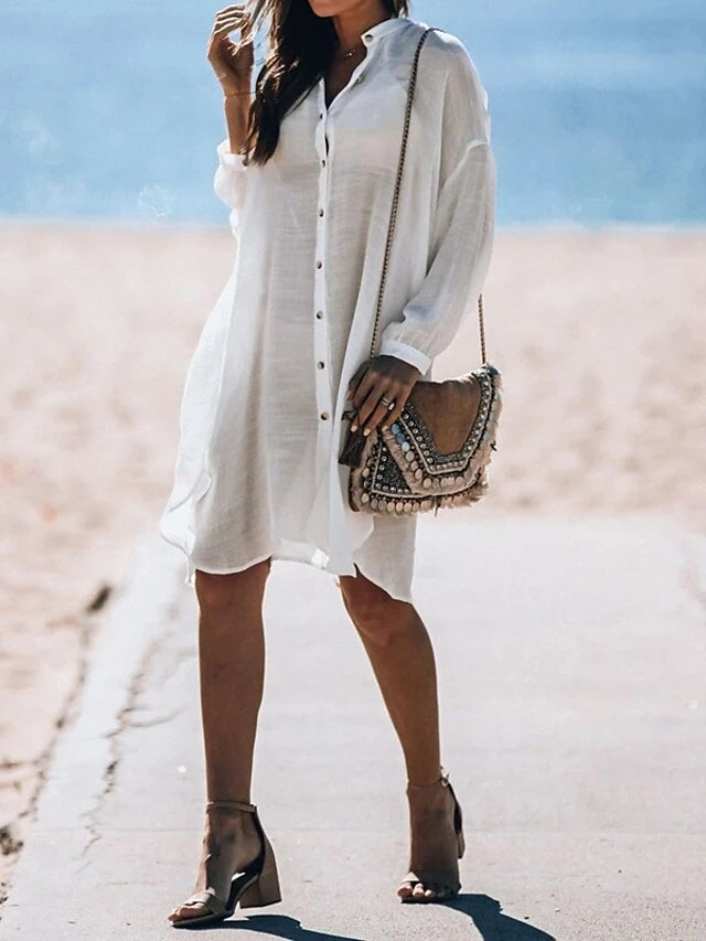 Women's Swimwear Cover Up Beach Top Normal Swimsuit Button Pure Color White Bathing Suits New Vacation Fashion 5 Women's Swimwear Cover Up Beach Top Normal Swimsuit Button Pure Color White Bathing Suits New Vacation Fashion - Image 5