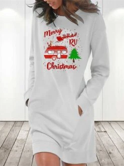 Women‘s Christmas Casual Dress Hoodie Dress Light Blue Grey White Long Sleeve Letter Pocket Print Winter Fall Crew Neck Stylish Casual Fall Dress Loose Fit 2022 S M L XL 2XL / Cotton / Winter Dress -Casual Print Dress Sales vebjua1666258537953
