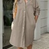 Women's Shirt Dress Casual Dress Shift Dress Midi Dress Outdoor Daily Vacation Polyester Fashion Modern Shirt Collar Button Pocket Long Sleeve Fall Winter 2023 Loose Fit Yellow Blue Khaki Pure Color