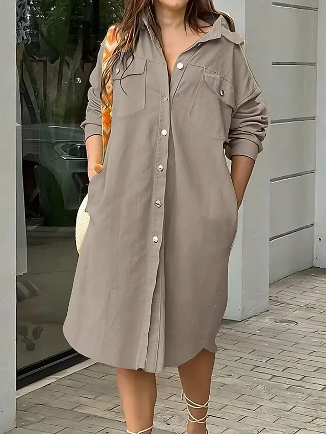 Women's Shirt Dress Casual Dress Shift Dress Midi Dress Outdoor Daily Vacation Polyester Fashion Modern Shirt Collar Button Pocket Long Sleeve Fall Winter 2023 Loose Fit Yellow Blue Khaki Pure Color 1 Women's Shirt Dress Casual Dress Shift Dress Midi Dress Outdoor Daily Vacation Polyester Fashion Modern Shirt Collar Button Pocket Long Sleeve Fall Winter 2023 Loose Fit Yellow Blue Khaki Pure Color