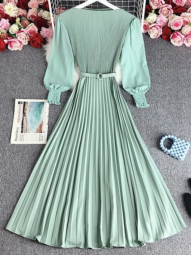 Women's Casual Dress Plain Dress Spring Dress Midi Dress Ruched Pleated Work Street Daily Fashion Streetwear Crew Neck Long Sleeve 2023 Loose Fit Black Pink Wine Color M Size 5 Women's Casual Dress Plain Dress Spring Dress Midi Dress Ruched Pleated Work Street Daily Fashion Streetwear Crew Neck Long Sleeve 2023 Loose Fit Black Pink Wine Color M Size - Image 5