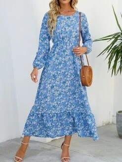 Women's Casual Dress Swing Dress A Line Dress Floral Print Crew Neck Long Dress Maxi Dress Fashion Modern Daily Holiday Long Sleeve Regular Fit Black White Yellow Fall Winter S M L XL -Casual Print Dress Sales veglys1695036772176