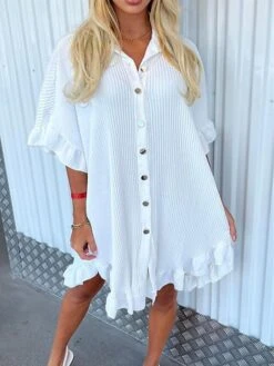 Women's Shirt Dress Casual Dress Mini Dress Outdoor Daily Vacation Polyester Fashion Modern Shirt Collar Ruffle Button Half Sleeve Summer Spring Fall 2023 Regular Fit ArmyGreen Black White Plain S M -Casual Print Dress Sales vegxyj1689924403375