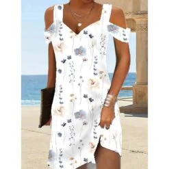 Women's Casual Dress A Line Dress Summer Dress Print Cold Shoulder Print V Neck Mini Dress Active Modern Daily Holiday Short Sleeve Regular Fit Black And White Light Yellow Black Summer Spring S M L -Casual Print Dress Sales vekjse1683885679659